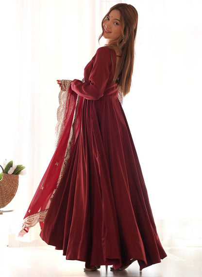Maroon Roman Silk Plain Work Party Wear Readymade Gown SW882859