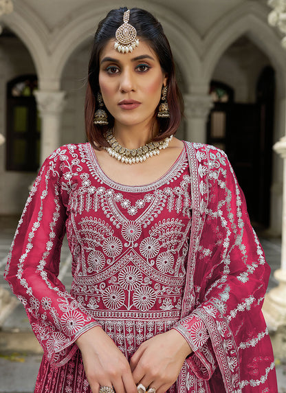 Magenta Butterfly Net Embroidery Work Wedding Wear Readymade Anarkali Suit SW578088