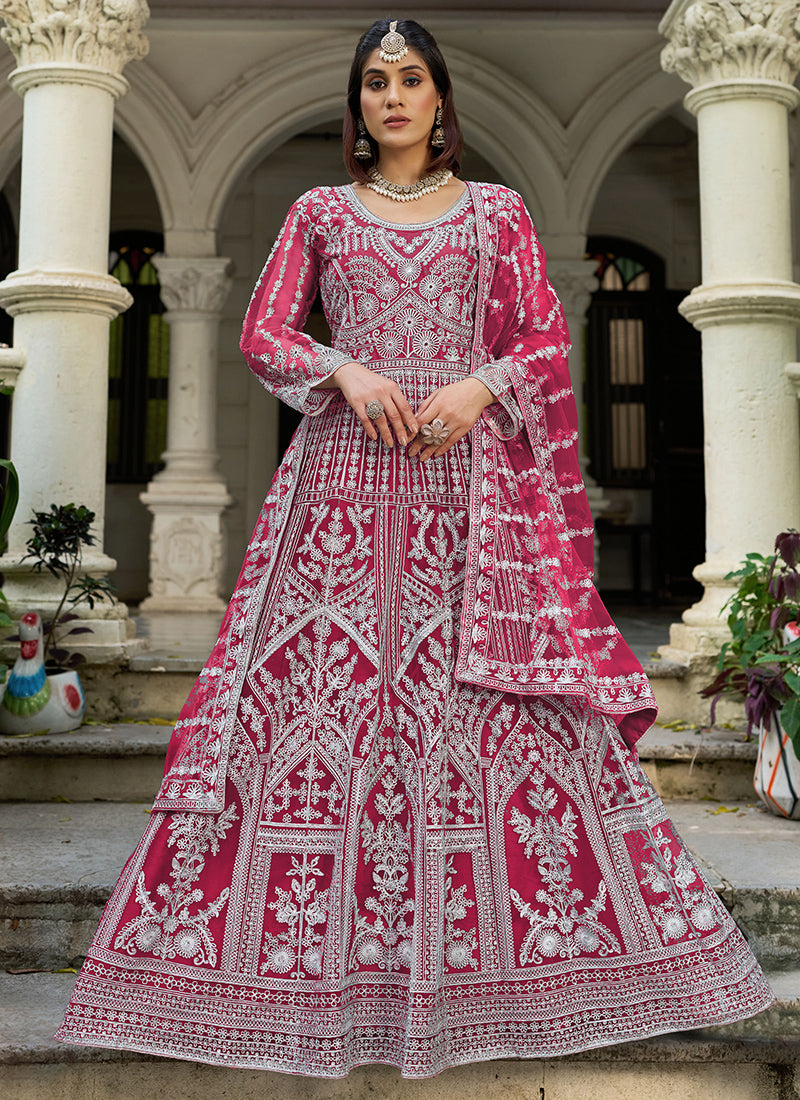 Magenta Butterfly Net Embroidery Work Wedding Wear Readymade Anarkali Suit SW578088