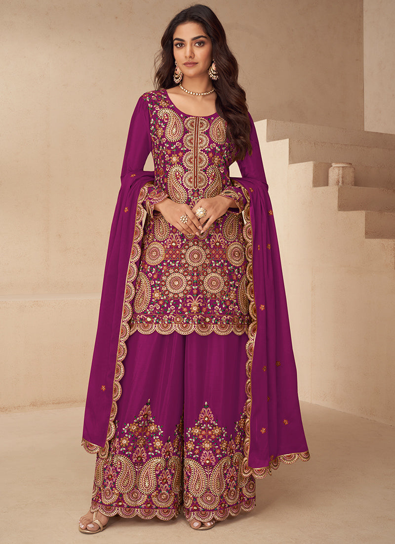 Chinnon Magenta Wedding Wear Embroidery Work Readymade Plazzo Suit 385060