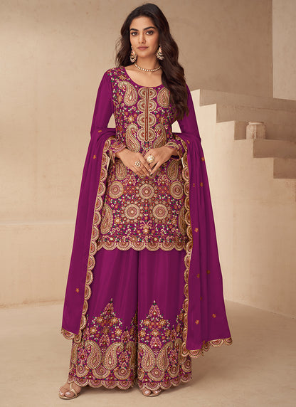 Chinnon Magenta Wedding Wear Embroidery Work Readymade Plazzo Suit 385060