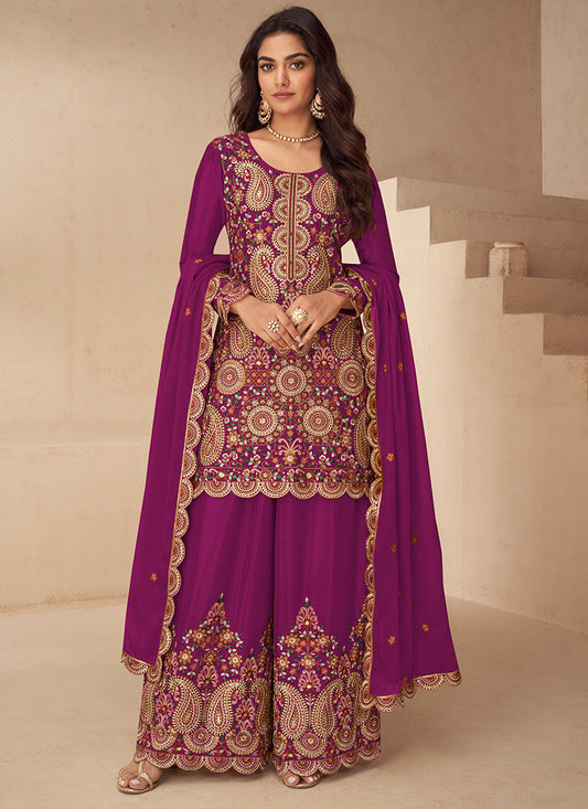 Chinnon Magenta Wedding Wear Embroidery Work Readymade Plazzo Suit 385060