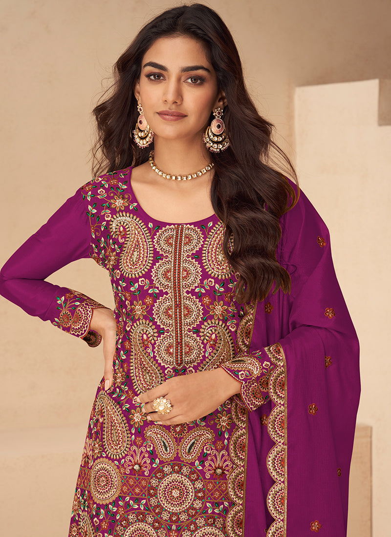 Chinnon Magenta Wedding Wear Embroidery Work Readymade Plazzo Suit 385060