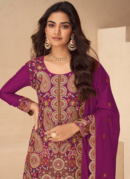 Chinnon Magenta Wedding Wear Embroidery Work Readymade Plazzo Suit 385060