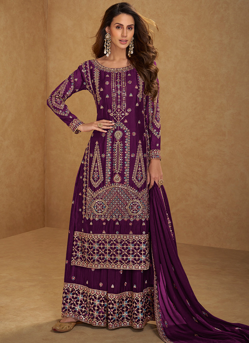 Magenta Chinon Embroidery Work Occasional Wear Readymade Plazzo Suit SW525222
