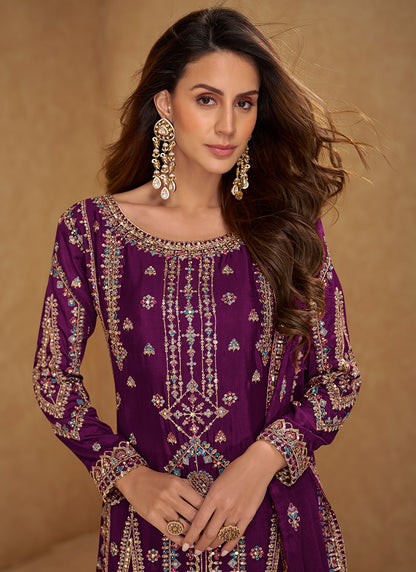 Magenta Chinon Embroidery Work Occasional Wear Readymade Plazzo Suit SW525222