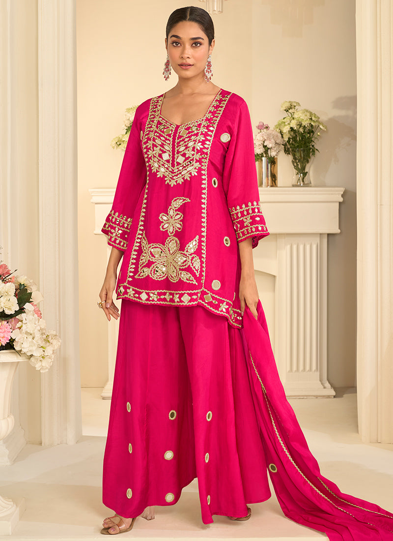 Magenta Chinon Silk Embroidery Work Festival Wear Readymade Sharara Suit SW397235