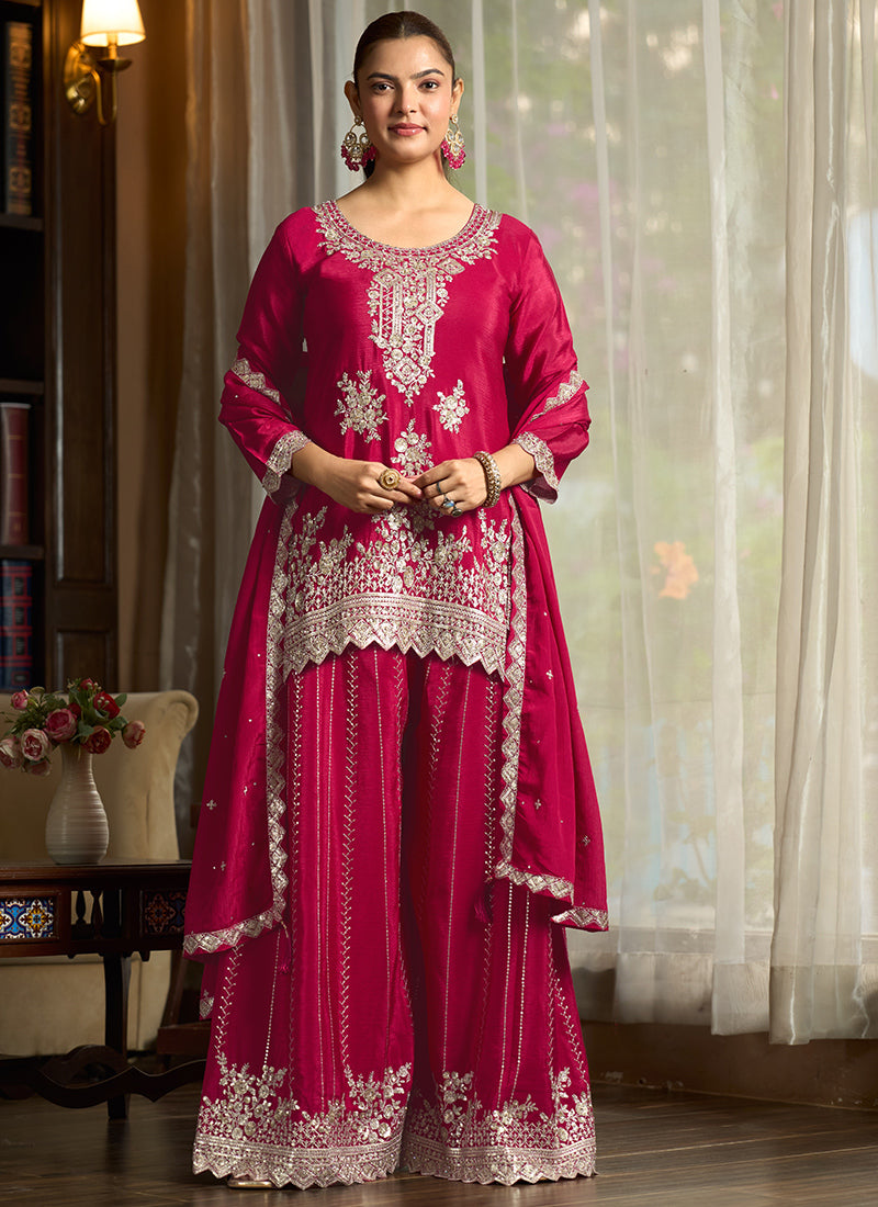 Magenta Chinon Silk Sequins Work Wedding Wear Readymade Plazzo Suit SW554405