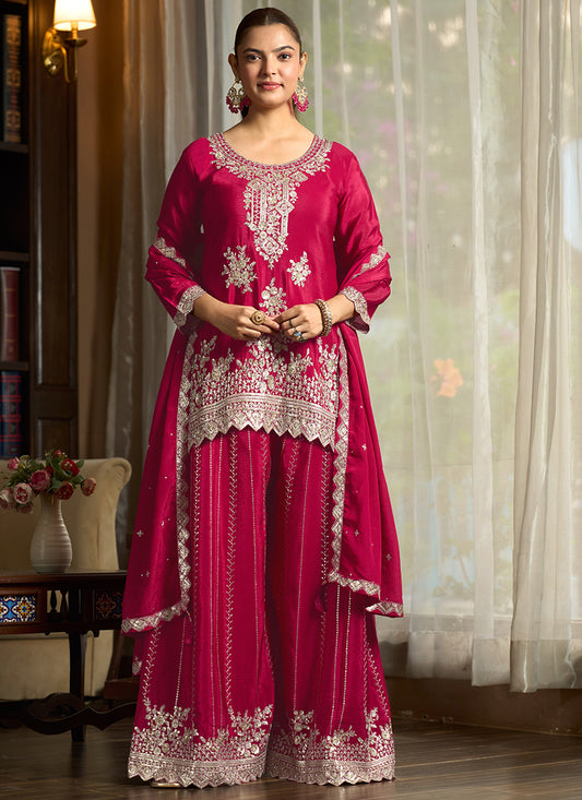 Magenta Chinon Silk Sequins Work Wedding Wear Readymade Plazzo Suit SW554405