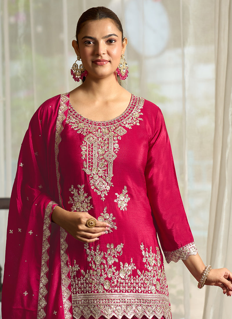 Magenta Chinon Silk Sequins Work Wedding Wear Readymade Plazzo Suit SW554405
