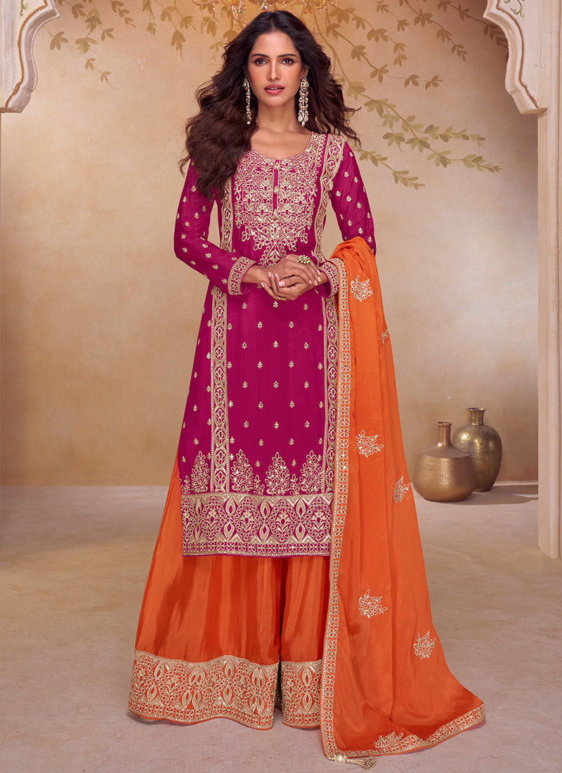Magenta Chinon Embroidery Work Wedding Wear Readymade Plazzo Suit SW301018
