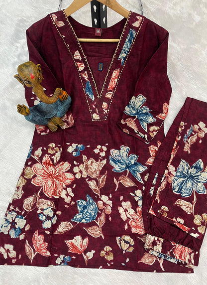 Cotton Magenta Casual Wear Hand Work Readymade Cord Set 384916