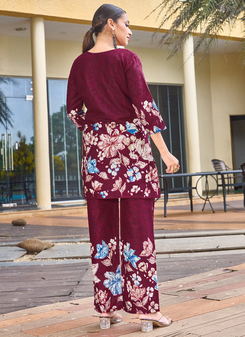 Cotton Magenta Casual Wear Hand Work Readymade Cord Set 384916