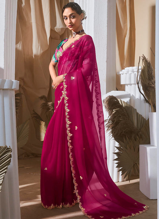 Fancy Magenta Bridal Wear Saree with Lace Work 381695