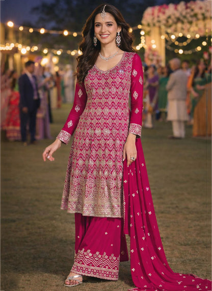 Magenta Georgette Embroidery Work Party Wear Readymade Plazzo Suit SW778466
