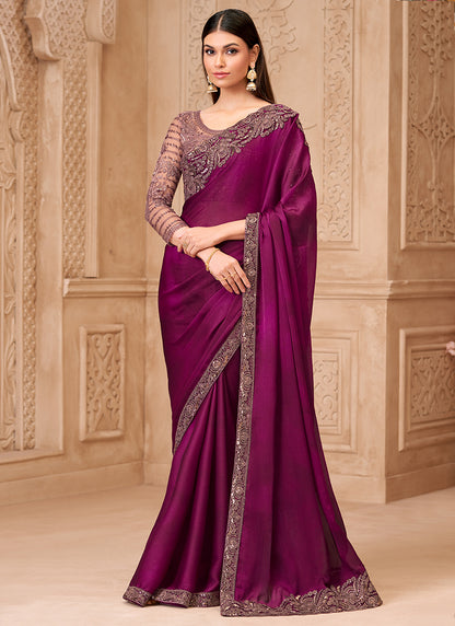 Georgette Magenta Party Wear Embroidery Work Saree 385718