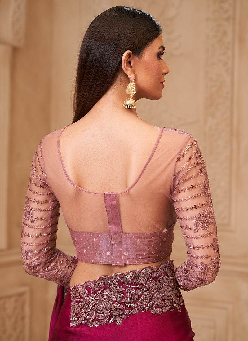 Georgette Magenta Party Wear Embroidery Work Saree 385718