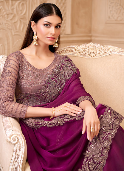 Georgette Magenta Party Wear Embroidery Work Saree 385718