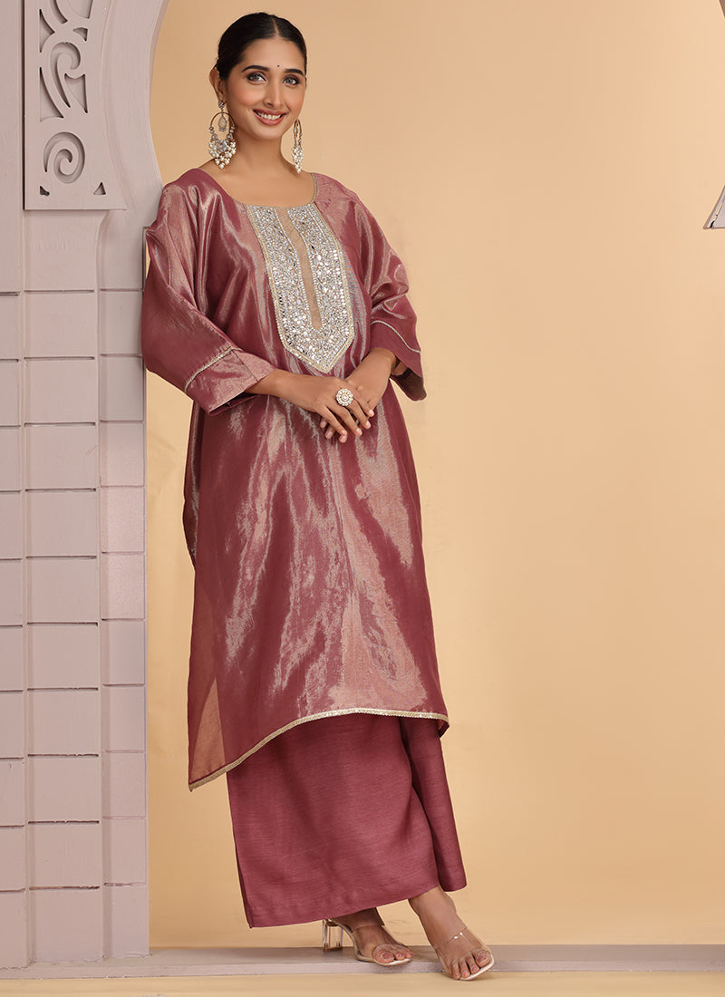 Organza Shimmer Magenta Party Wear Pattern Pc Work Readymade Kurti With Pant 386175