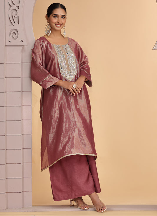 Organza Shimmer Magenta Party Wear Pattern Pc Work Readymade Kurti With Pant 386175