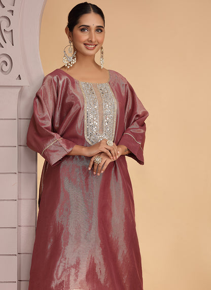 Organza Shimmer Magenta Party Wear Pattern Pc Work Readymade Kurti With Pant 386175