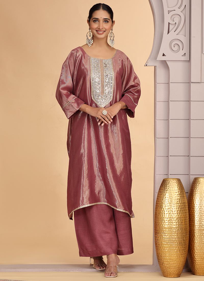 Organza Shimmer Magenta Party Wear Pattern Pc Work Readymade Kurti With Pant 386175