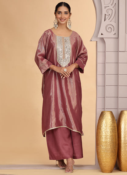 Organza Shimmer Magenta Party Wear Pattern Pc Work Readymade Kurti With Pant 386175