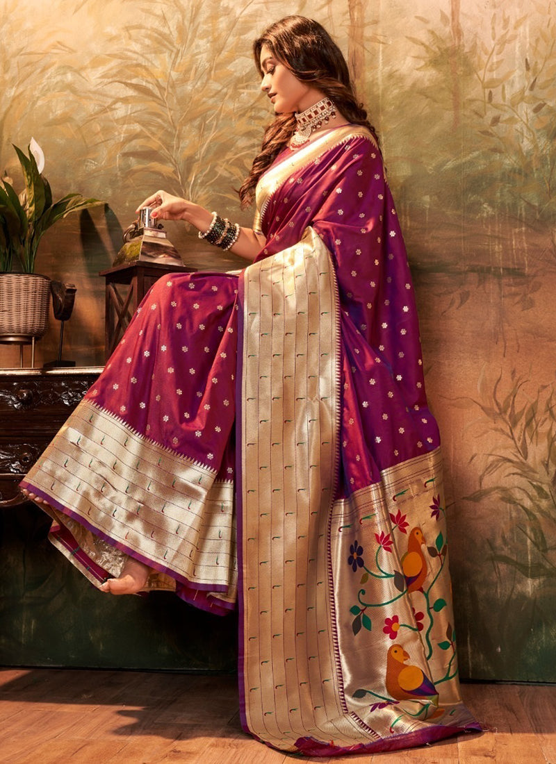 Pure Paithani Silk Magenta Saree with Zari Weaving Work for Bridal Wear 380846