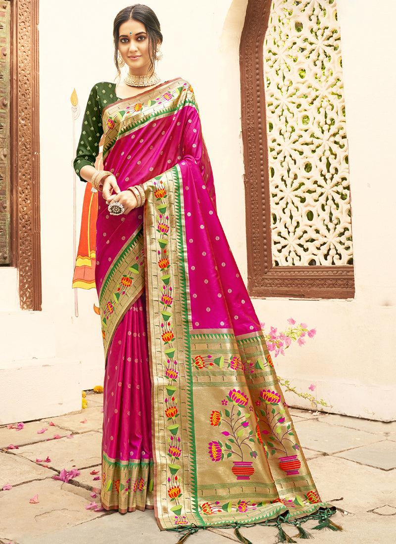 Silk Blend Magenta Saree with Weaving Work for Festival Wear 384344