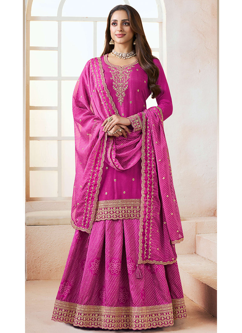 Silk Magenta Wedding Wear Embroidery Work Palazzo Suit 385243