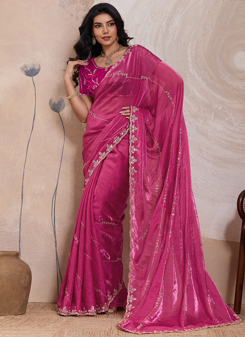 Magenta Velvet Satin Beads Work Party Wear Saree SW940370