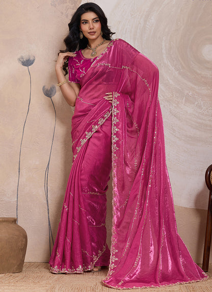 Magenta Velvet Satin Beads Work Party Wear Saree SW940370