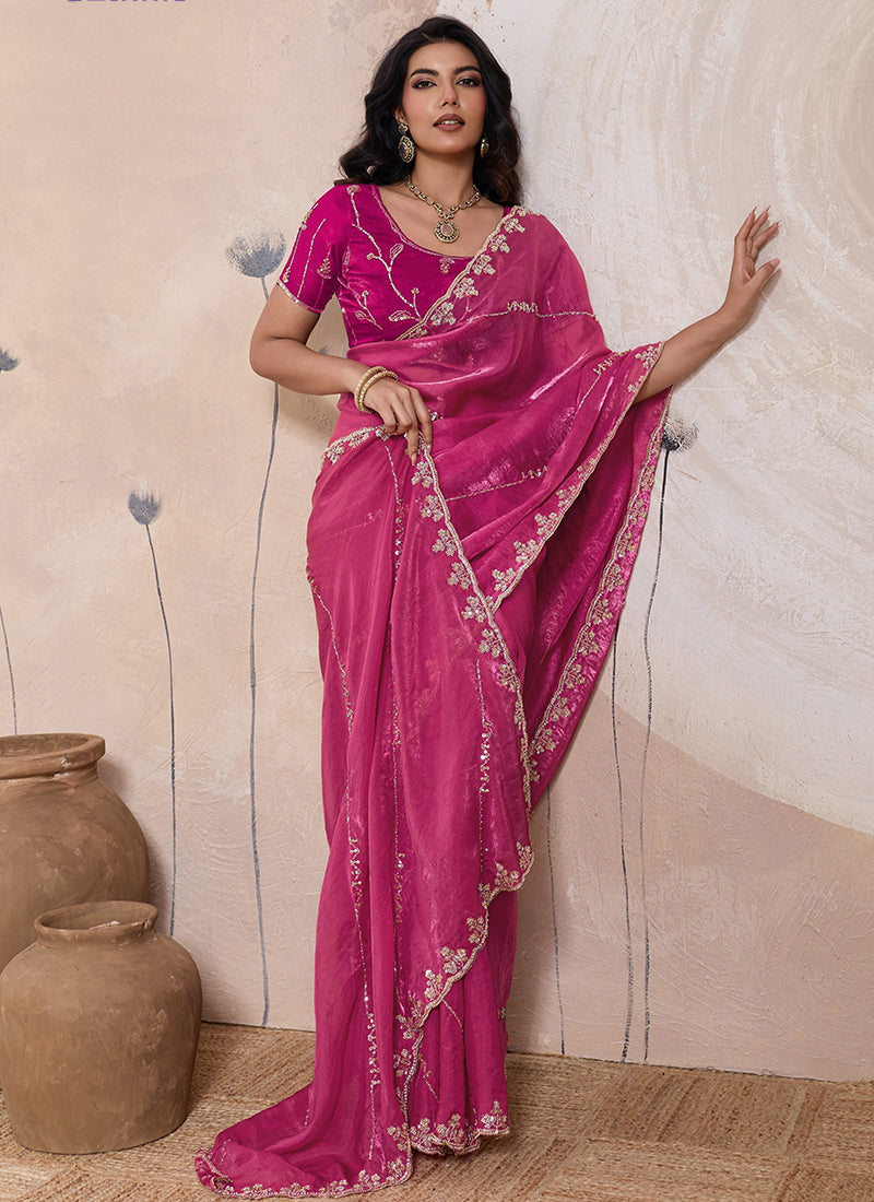 Magenta Velvet Satin Beads Work Party Wear Saree SW940370