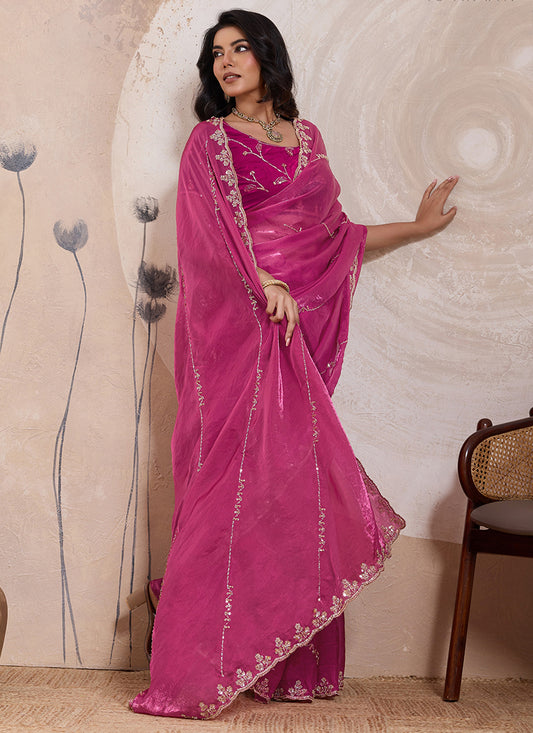 Magenta Velvet Satin Beads Work Party Wear Saree SW940370