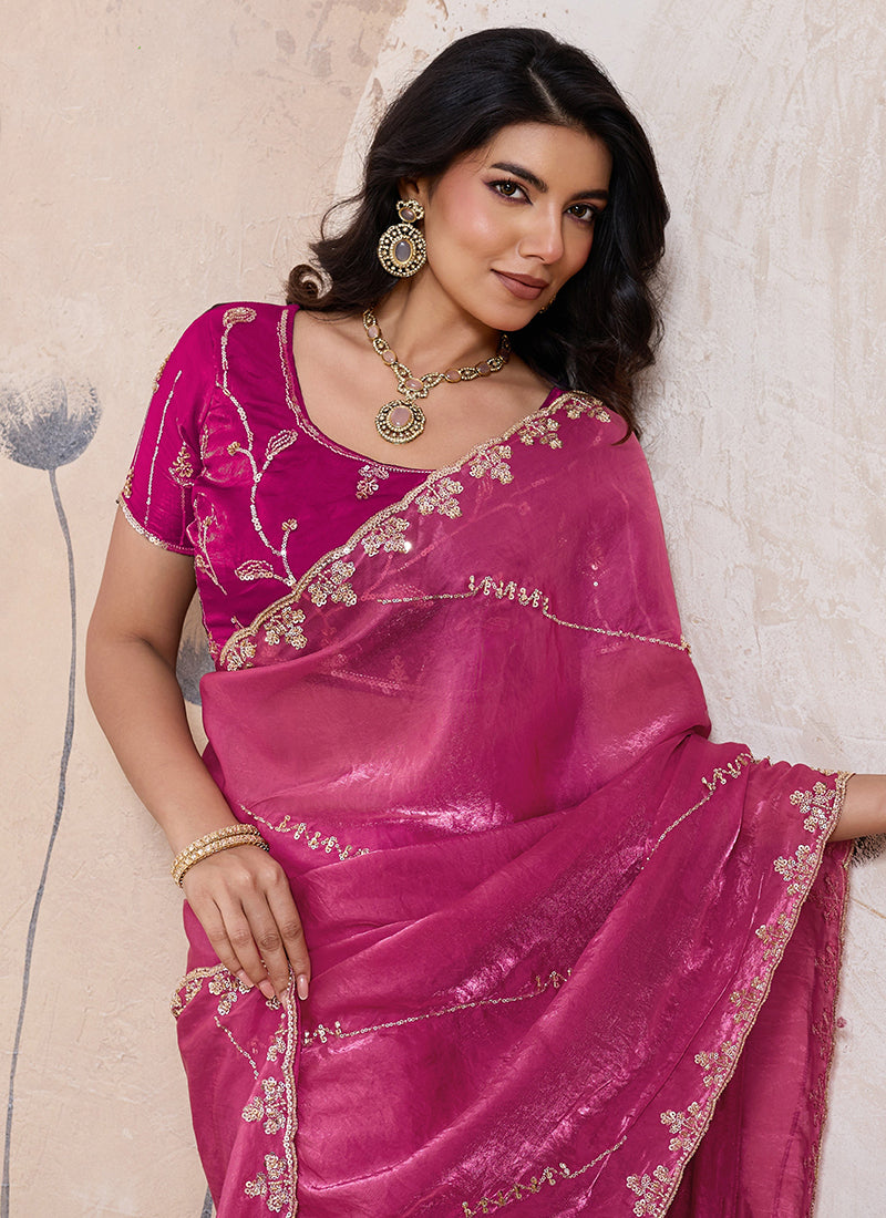 Magenta Velvet Satin Beads Work Party Wear Saree SW940370