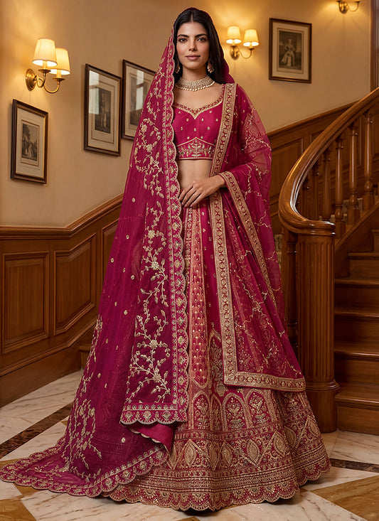 Magenta Gadwal Silk Embroidery Work Wedding Wear Lehenga Choli SW861433