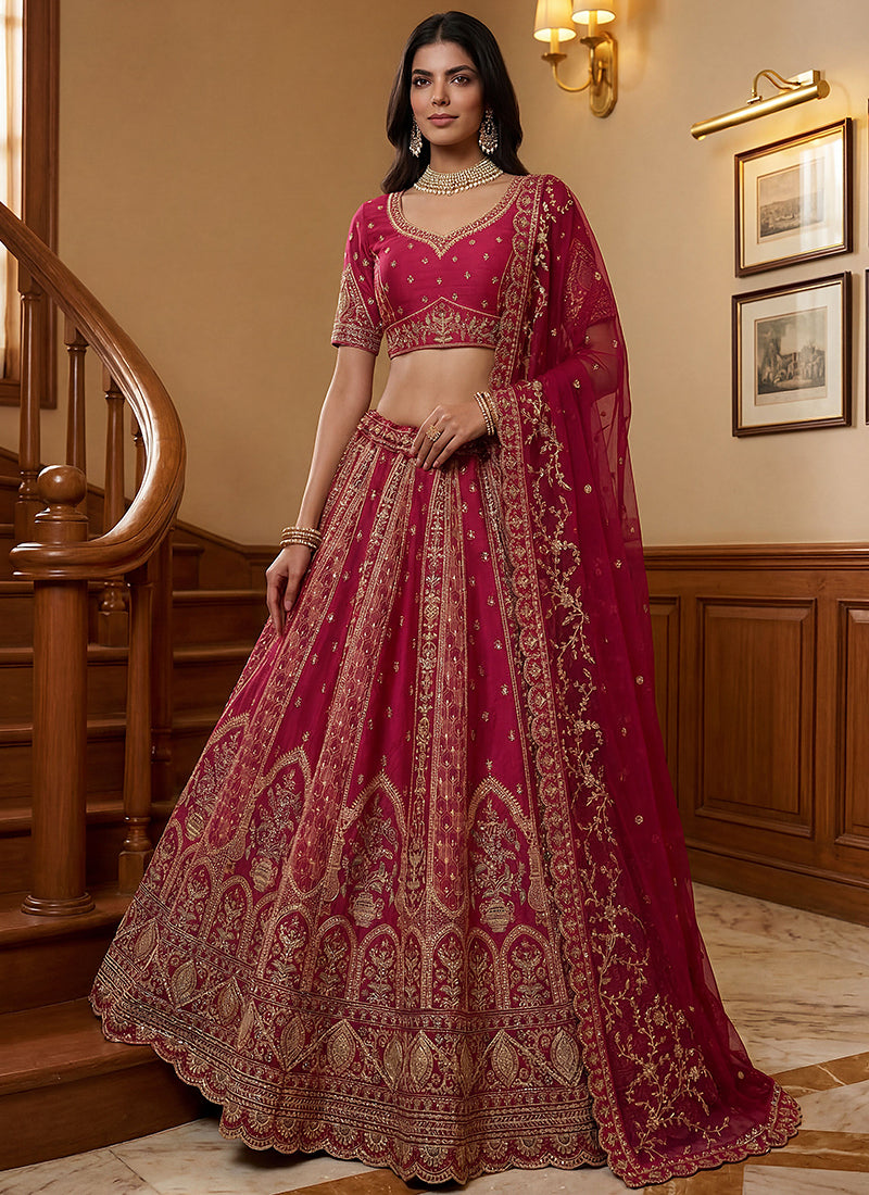 Magenta Gadwal Silk Embroidery Work Wedding Wear Lehenga Choli SW861433