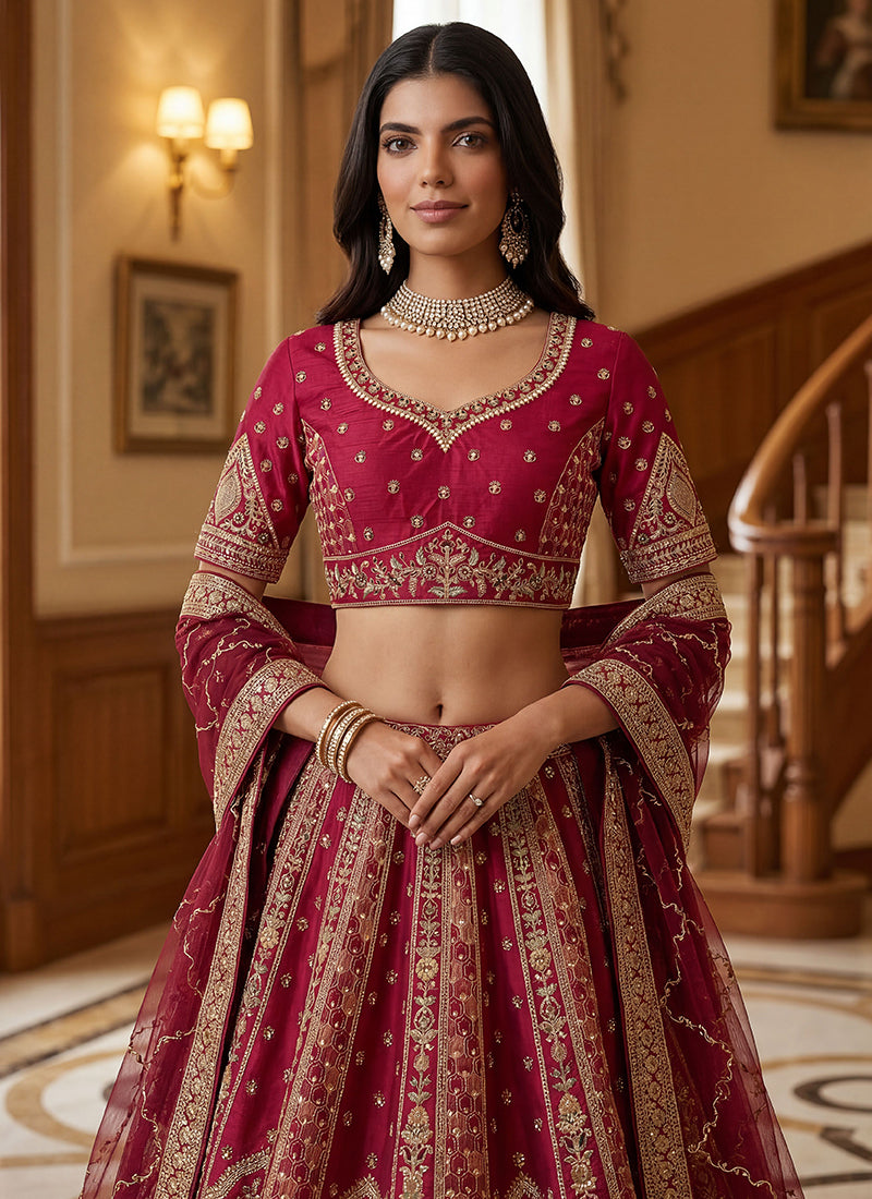 Magenta Gadwal Silk Embroidery Work Wedding Wear Lehenga Choli SW861433