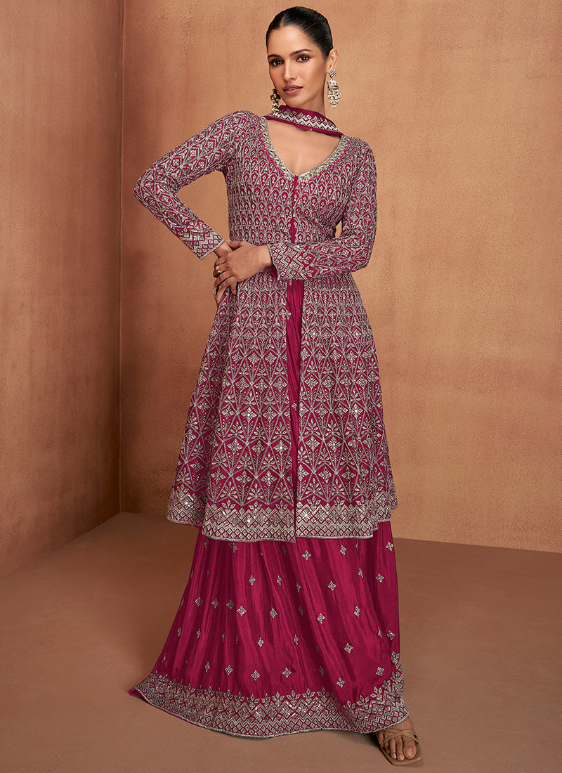 Chinon Magneta Party Wear Embroidery Work Readymade Plazzo Suit 386642