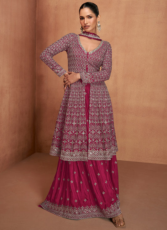 Chinon Magneta Party Wear Embroidery Work Readymade Plazzo Suit 386642