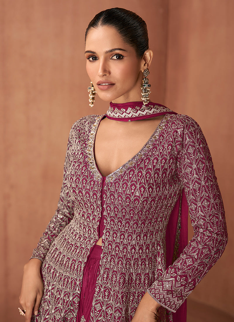 Chinon Magneta Party Wear Embroidery Work Readymade Plazzo Suit 386642