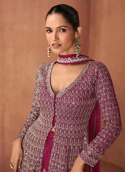 Chinon Magneta Party Wear Embroidery Work Readymade Plazzo Suit 386642