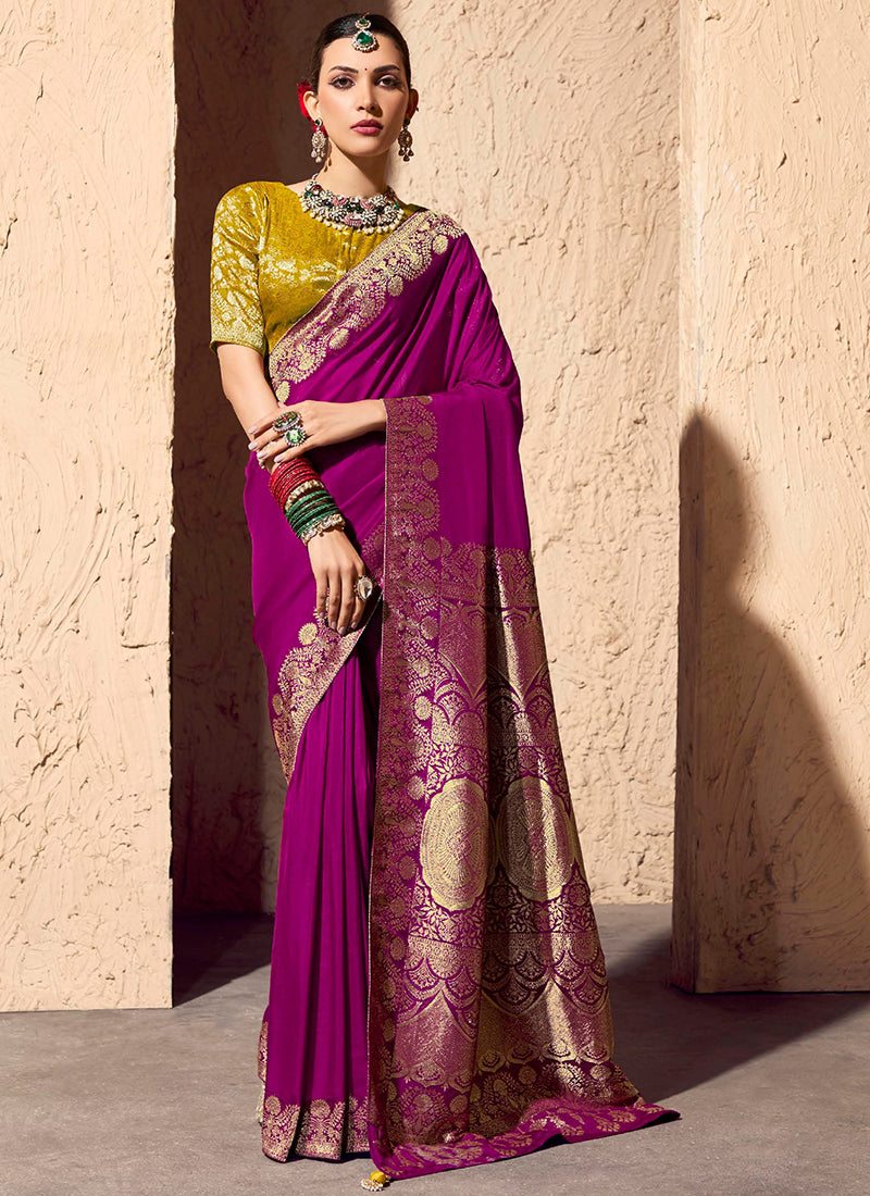 Crepe Georgette Magneta Party Wear Weaving Work Saree 386529