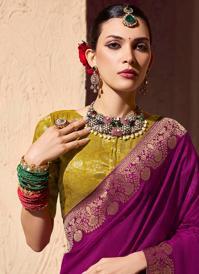 Crepe Georgette Magneta Party Wear Weaving Work Saree 386529