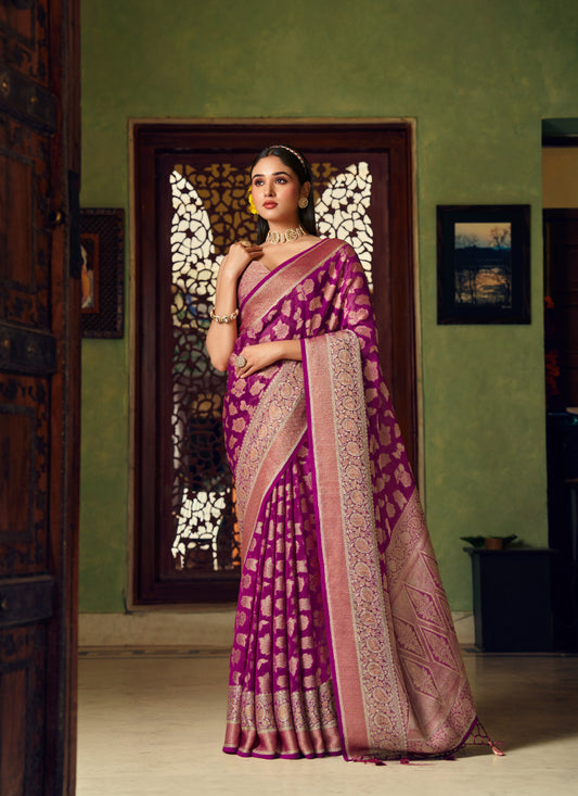 Georgette Magneta Festival Wear Weaving Work Saree 385988