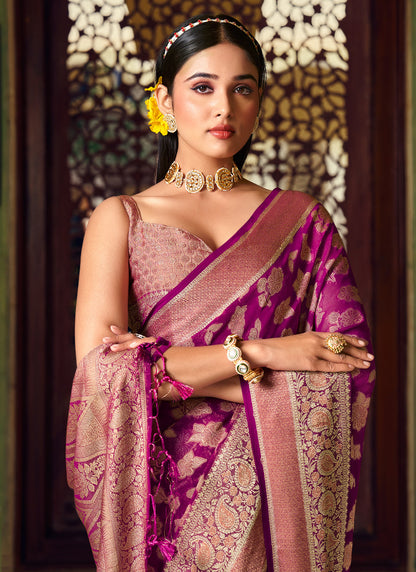 Georgette Magneta Festival Wear Weaving Work Saree 385988