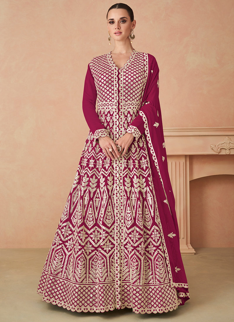 Georgette Magneta Wedding Wear Zari Work Readymade Anarkali Gown 386088