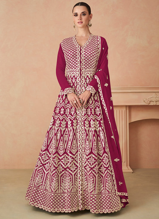 Georgette Magneta Wedding Wear Zari Work Readymade Anarkali Gown 386088