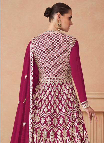 Georgette Magneta Wedding Wear Zari Work Readymade Anarkali Gown 386088