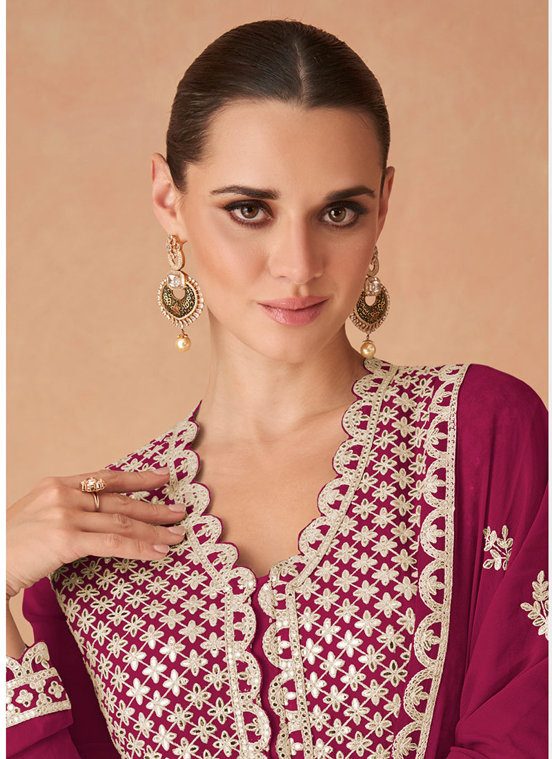 Georgette Magneta Wedding Wear Zari Work Readymade Anarkali Gown 386088